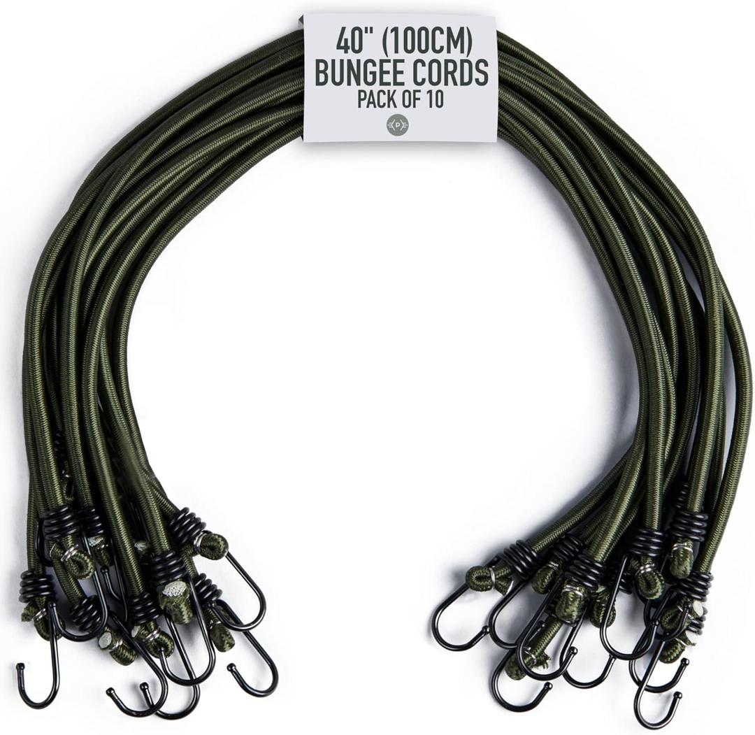 Pluvios - 40" (100cm) Bungee Cords with Hooks Heavy Duty Outdoor - 10 Pack - Choice of Sizes - Multi-Purpose Elastic Bungee Straps for Luggage, Camping - Weatherproof & UV