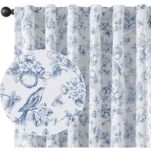 Vangao Blue 100% Blackout Curtains for Bedroom 84 Inch Length, Country Flower Floral Curtains for Living Room Toile Cottagecore Thermal Insulated Window Drapes, 2 Panels Blue and White