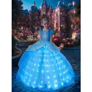 Light Up Princess Dress Girls Halloween Costume Toddler Blue Princess Dress Up Kids Outfit Vestito (6-7 Years)