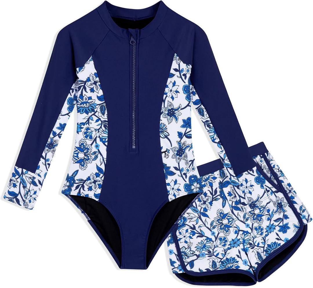 Girls Rash Guard Swimsuit 2 Piece Long Sleeve One Piece Bathing Suits with Swim Shorts Kids UPF 50+ Swimwear Sets 8Y