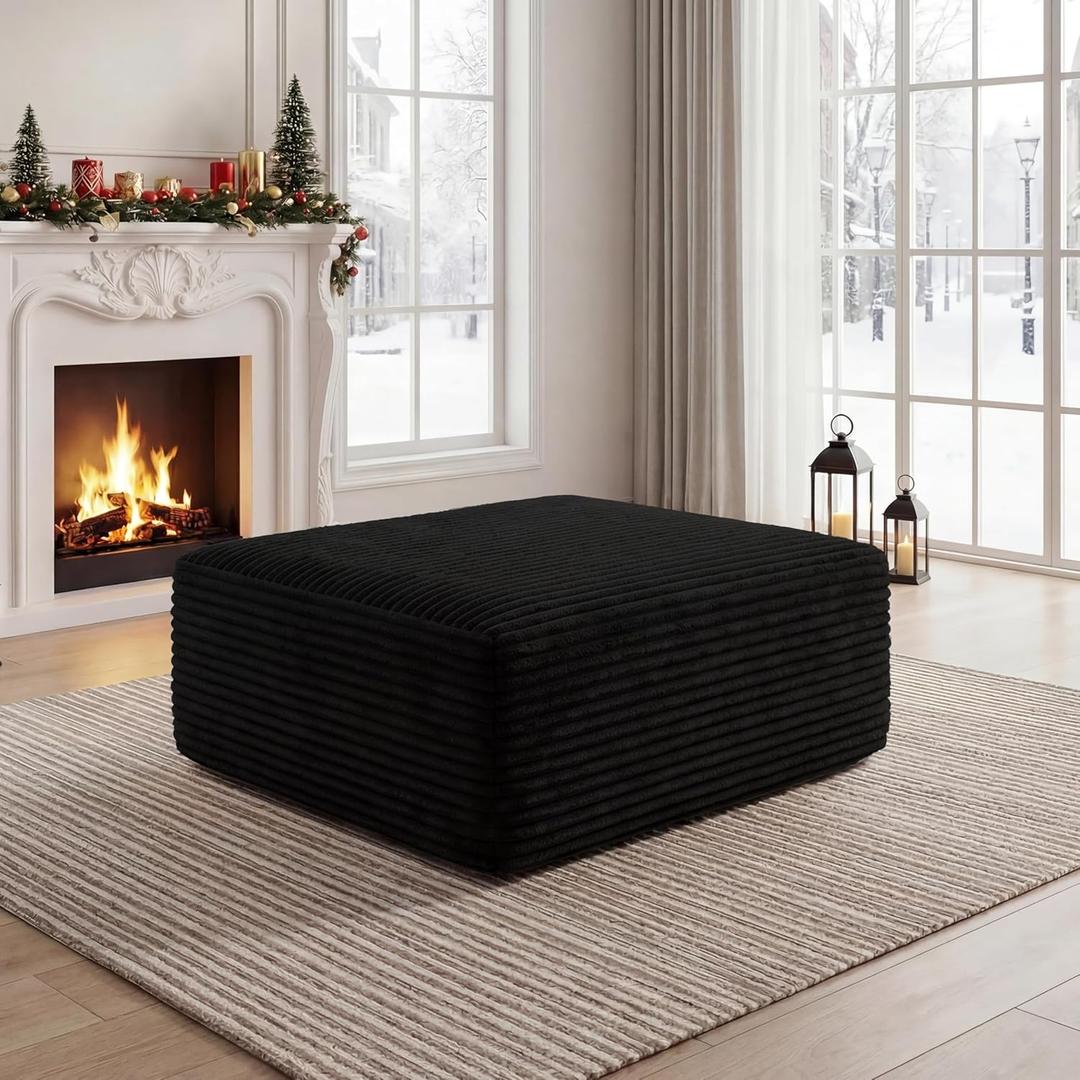 Boneless Ottoman, Modern Corduroy Cloud Foot Rest Foam Support, Oversized Modular Sectional Sofa Stool for Living Room, Bedroom & Small Spaces, No Assembly Required (Black, Ottoman)