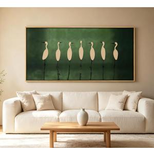 Large Wooden Framed Japanese Cranes Flock Wall Art,Vintage Bird Landscape Canvas Print,Modern Minimalist Picture Poster,Rustic Nature Animal Painting Artwork for Bedroom Living Room Office, 48"L x 24"W