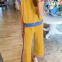 SHEWIN Women's 2 Piece Lounge Sets Casual Short Sleeve Pullover Tops Matching Wide Leg Pants Tracksuit Set (Yellow, XXL)