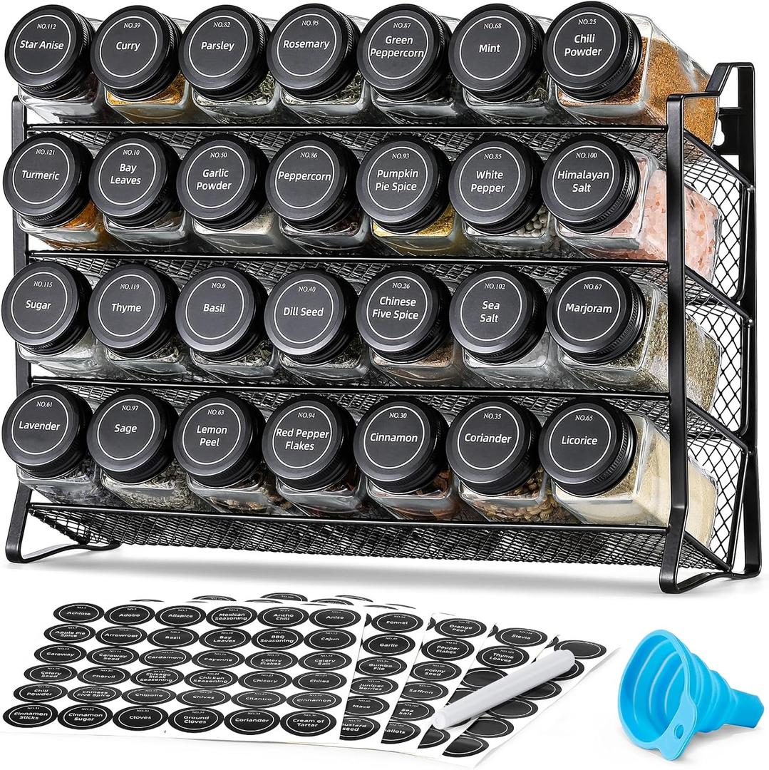 AOZITA Spice Rack Organizer for Cabinet, Spice Organizer with 28 Empty Spice Jars with Black Lids, Funnel, Spice Labels, Seasoning Organizer for Countertop, Cabinet, Kitchen, Pantry, Cupboard