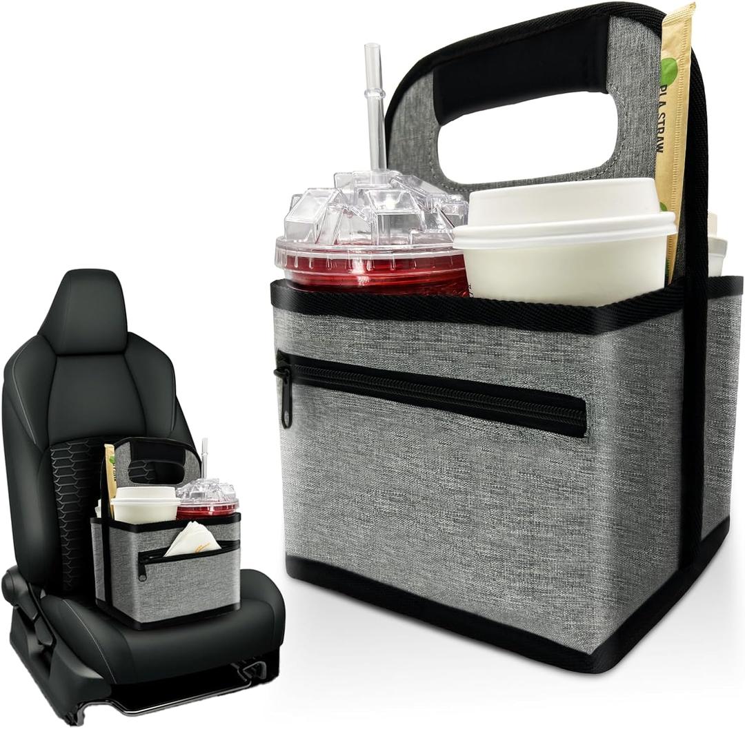 Reusable Coffee Cup or Cans Carrier, Take Out Cup Holder, Handle Tote Bag Drink Holder with 2 Organizer Pockets for Hot & Cold Beverages, for Delivery and Take Out (Neoprene Gray)