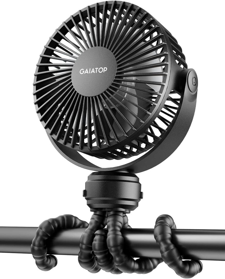 Gaiatop Mini Portable Stroller Fan, Battery Operated Small Clip on, Detachable 3 Speed Rechargeable, 360 Rotate Flexible Tripod Better Cooling for Car Seat Crib Treadmill Travel Black