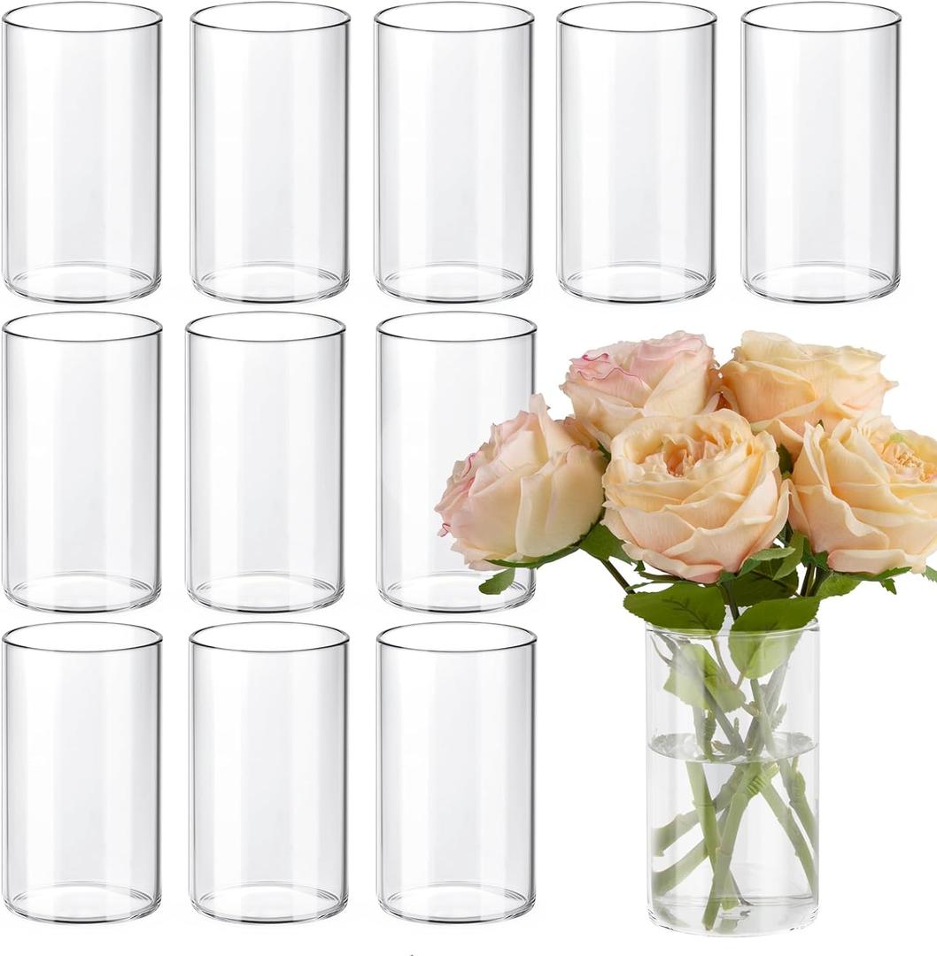 TBWIND 12pcs Glass Cylinder Vases for Centerpieces, 6 Inch Clear Flower Vases for Wedding Decorations and Indoor Home Decor, Hurricane Candle Holder for Table Shelf, Party