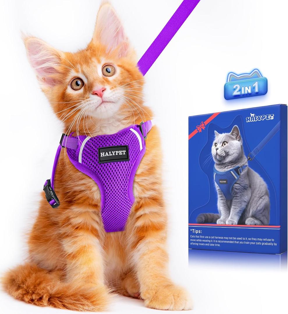Halypet Cat Harness and Leash Set [ MAX Safety Third Generation ] Escape Proof Soft Adjustable Cat Leash Breathable Comfortable Vest Easy to Wear Kitten Harness for Outdoor Walking (X-Small (4-6lb), H200 Pro Purple)