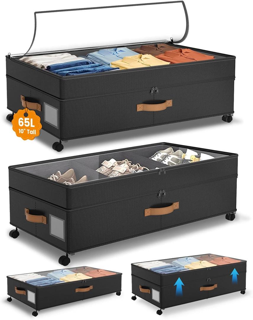 Under Bed Storage with Wheels, 10 inches Under Bed Storage Containers, 65L XXL Large Adjustable Underbed with Lids, Rolling Underbed Storage bins for Shoes, Clothes, Blankets, Black