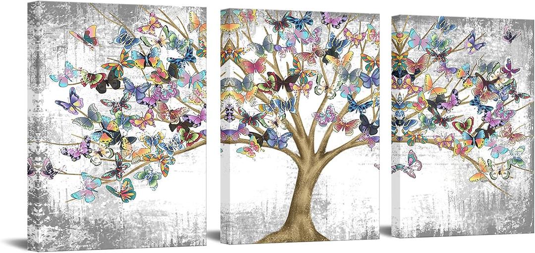 RyounoArt 3 Piece Tree of Life Canvas Wall Art Tree with Colorful Butterfly Paintings Abstract Landscape Pictures Prints for Home Office Farmhouse Giclee Artwork Stretched and Framed Ready to Hang