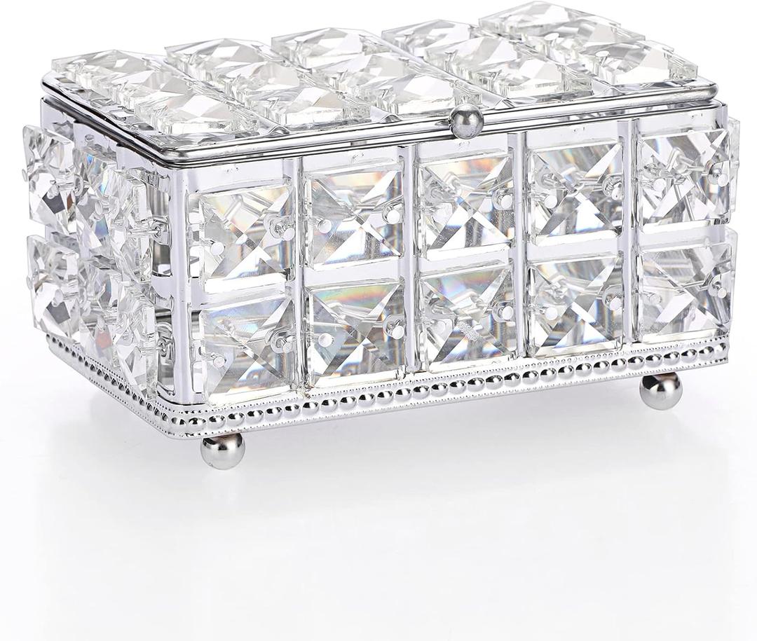 ELLDOO Crystal Jewelry Box Rectangle Trinket Organizer with Lid Earrings Rings Vintage Treasure Keepsake Box for Valentine Wedding Dresser Bedroom Decoration, Silver