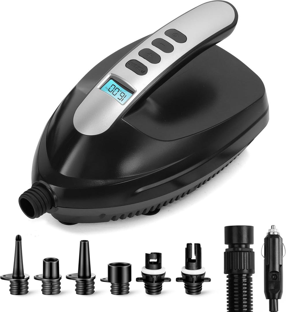 SereneLife Electric Paddle Board Pump  Portable 16 PSI Dual-Stage Air Compressor for Lightning-Fast Inflation, Auto-Off, LCD Display & 12V Car Connector  for SUPs, Boats & Inflatables (Black)