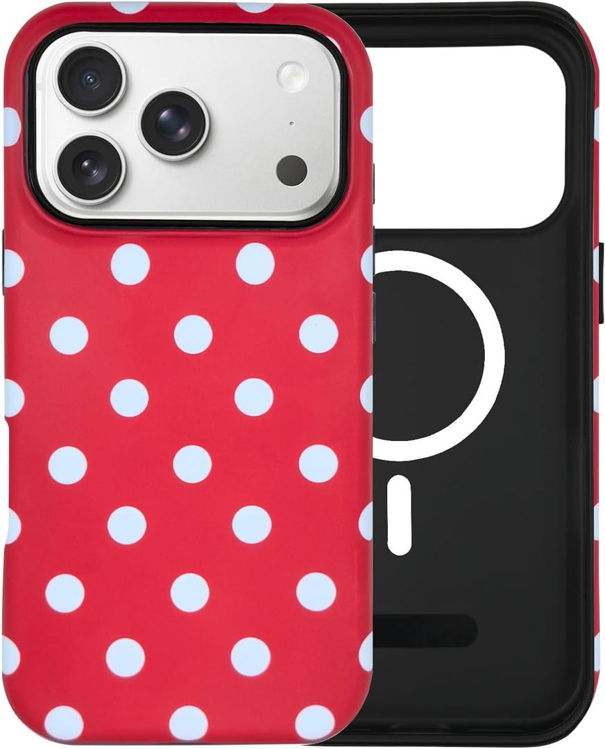 for iPhone 17 Pro Max Polka Dots Magnetic Phone Case|Compatible with MagSafe|Shockproof Slim TPU and Hard PC Protective Phone Cover|Aesthetic Cute Phone Case for Women Girl|Red and White