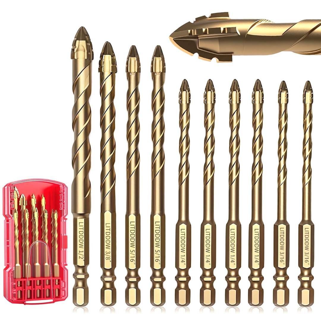 10pcs Masonry Drill Bit Set,Concrete Drill Bit Set,Four Blade Serrated Eccentric Carbide Drill Bits for Brick/Plastic/Ceramics/Tile/Wood/Marble 3/16"-1/2"