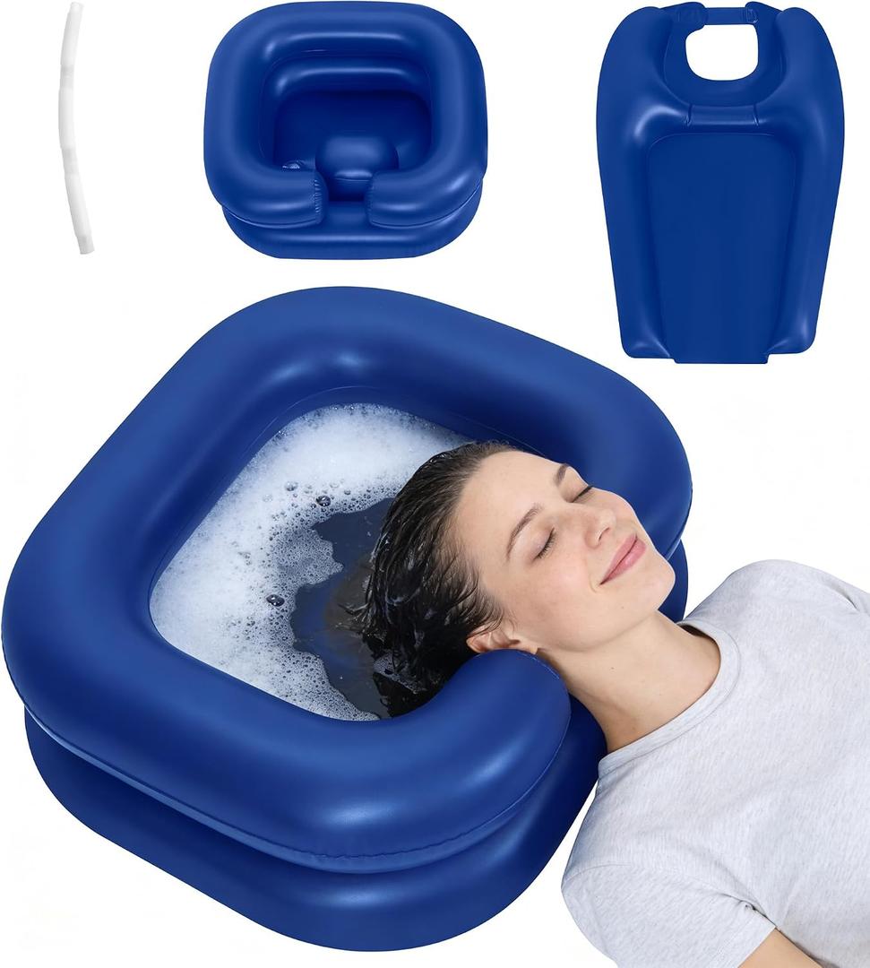 2-in-1 Inflatable Shampoo Basin with Bib & Drain Hose - Portable Hair Washing Station for Bedridden, Elderly & Kids - Deep Blow Up Shampoo Bowl for Locs Detox Tub, ACV Rinse & Home Sink