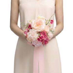 Ling's moment Pink Artificial Wedding Flower Bouquets for Bridesmaids Blush Floral Bouquet Hot Pink Bridesmaids Bouquets with Ribbon Ceremony Anniversary,7-inch Diameter