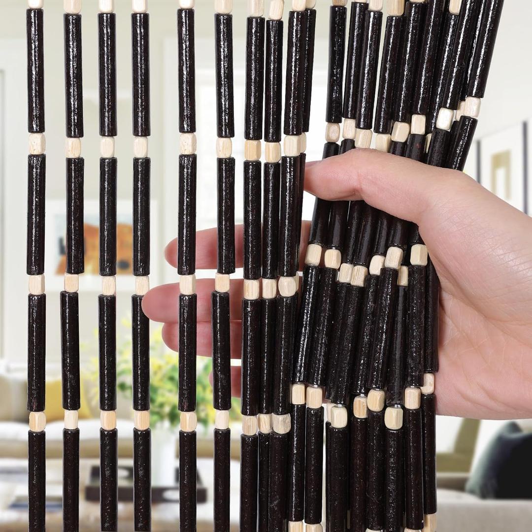 Boshen Handmade Bamboo Beaded Curtains for Doorways, 65 Strands 35.5x78.7inch Natural Wood Boho Hanging Door Beads Curtains Room Divider for Home Decor Hallway Window(Black), 35.5"W x 87.7"L