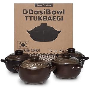 – 4-Pack Korean Clay Pots (17oz / 500ml) with Lids & Handles – Ttukbaegi Stone Bowls for Cooking Bibimbap, Donabe Style Korean Clay Cookware – Oven & Stovetop Safe