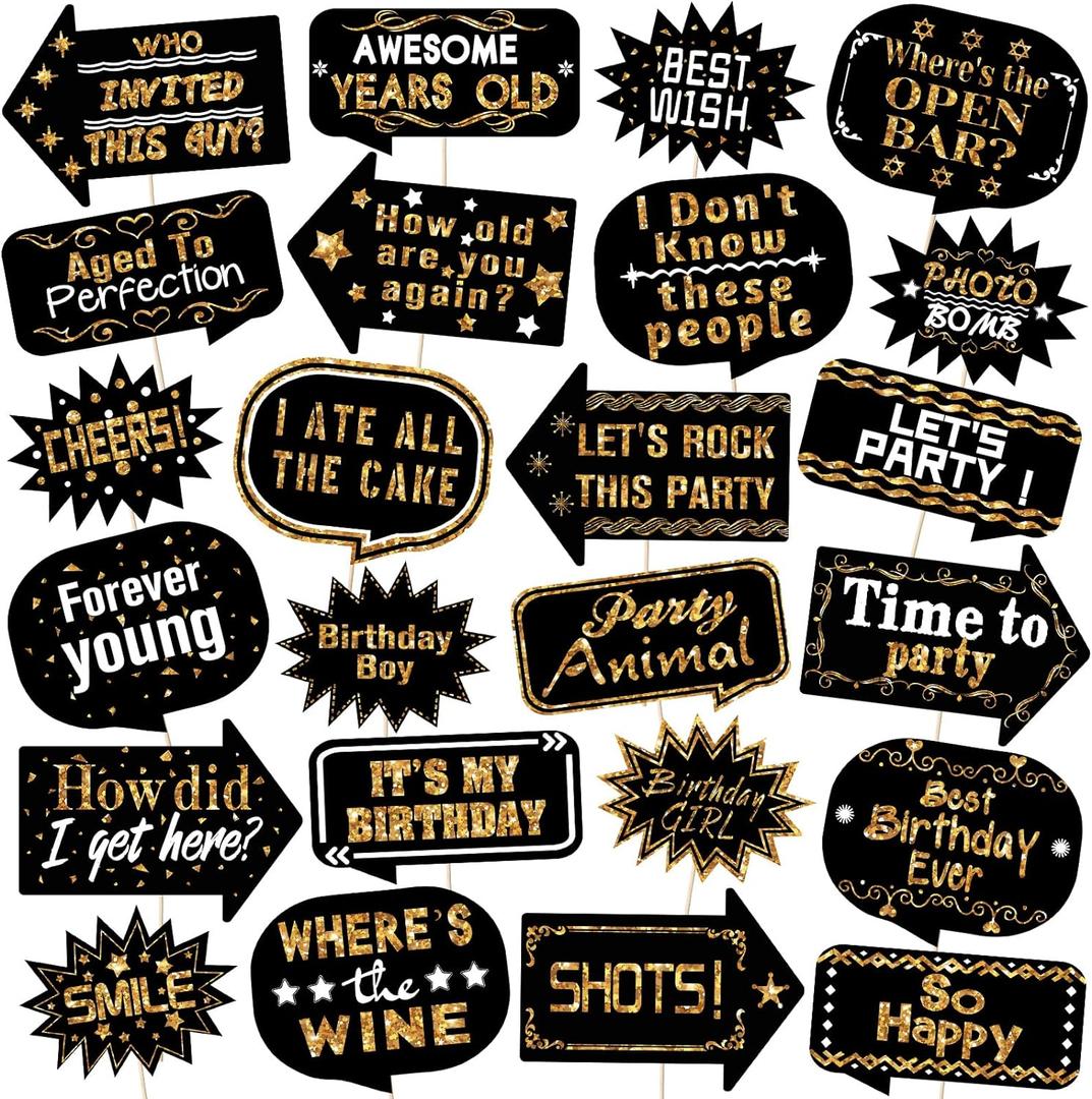 Outus 24 Pieces Photo Booth Props Birthday with Stick Happy Birthday Weddings Graduation Prom Bday New Year Party Supplies Funny Photo Booth Pose Signs Selfie for Men Women(White, Gold)