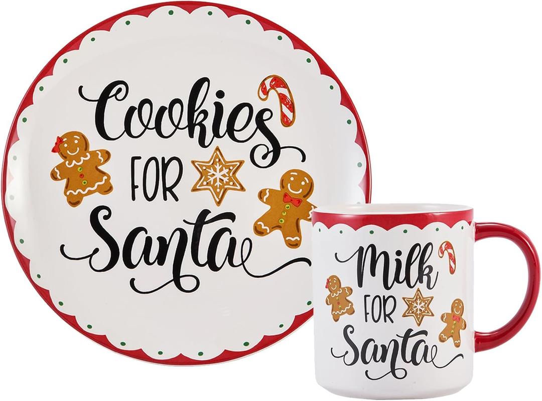Bico Gingerbread Man Cookies and Milk For Santa Ceramic Plates and Mugs Set, Microwave and Dishwasher Safe, for Christmas Eve