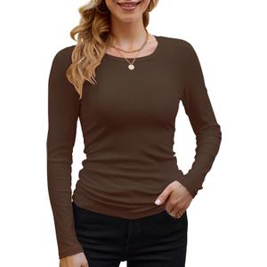 GEMBERA Womens Ribbed Long Sleeve Crewneck Casual Slim Basic Shirts Fitted Knit Tops (X-Large, Brown)