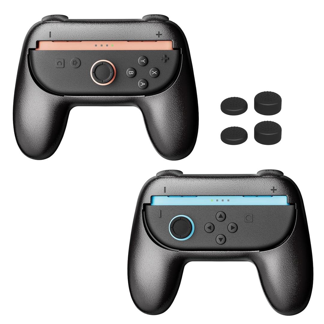 WEOTOO Grips Compatible with Switch 2 (2025) JoyCon, 2 Pack Ergonomic Anti-Slip Handles with 4 Thumb Grips, Switch Holder Accessories for NS2 JoyCon Controller, Wear-Resistant (Black)