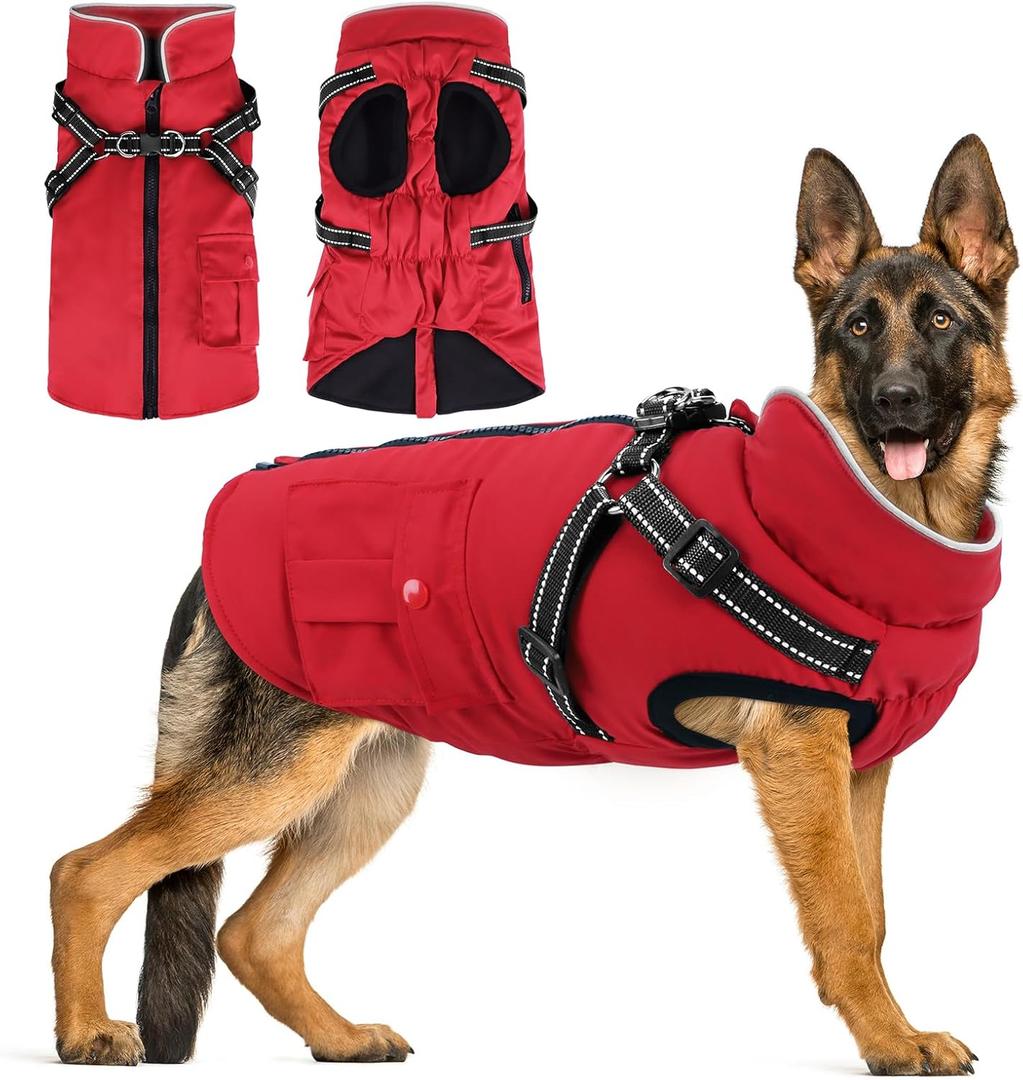 Dog Winter Coat with Harness Built-in | Waterproof Dog Jacket with Zipper & Fleece Lining | Reflective Cold Weather Coat for XXL