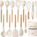 Country Kitchen Non Stick Silicone Utensil Set with Rounded Wood Handles for Cooking and Baking, 14 Piece Set, Khaki
