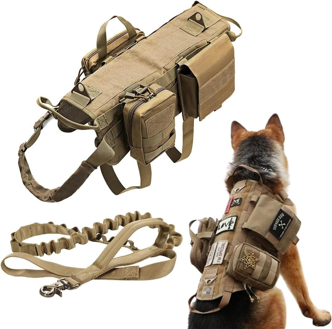 Tactical Dog Vest Harness Heavy Duty Dog Harness with 3 MOLLE Bags&1 Bungee Leash (XL:Harness neck 12.2"~20", chest 22"~39", Khaki)