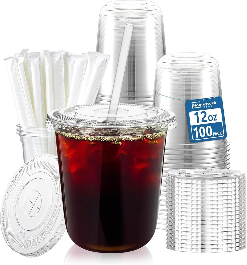 Homestockplus 100 Pack 12 oz BPAFree Clear Plastic Cups with Lids and Straws  LeakProof Disposable Straw Cups, Iced Coffee Cups for Kids Drinks, Smoothies & ToGo Cold Beverages