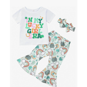 Noubeau Toddler Baby Girls St.Patrick's Day Outfit Kid Clover Short Sleeve Shirt Tops Shamrock Flare Pants Sets Headband 5-6 Y