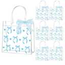 QOUBAI 24Pcs Blue Bow Clear PVC Gift Bags with Handles Bulk Bowknot Goodie Treat Candy Bags Coquette Bow Wedding Wrap Tote Bag with 1 Roll of Blue Ribbon for Birthday Baby Shower Decorations Supplies