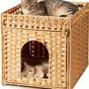 Cat Litter Box Enclosure Furniture - Handwoven Rattan Hidden Litter Box Cover with Mat and Fence, Enclosed Cat Box Furniture for Living Room & Bedroom, Natural Finish, 18.5" x 20.5" x 19.1"