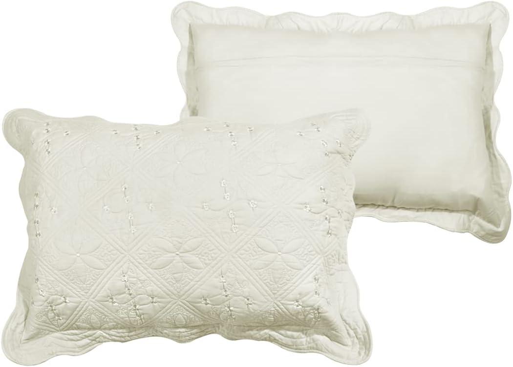 vctops 2-Piece Embroidered Cotton Quilted Bed Pillow Shams Rustic Solid Color Soft Decorative Pillow Cases Set (Cream,16"x24")