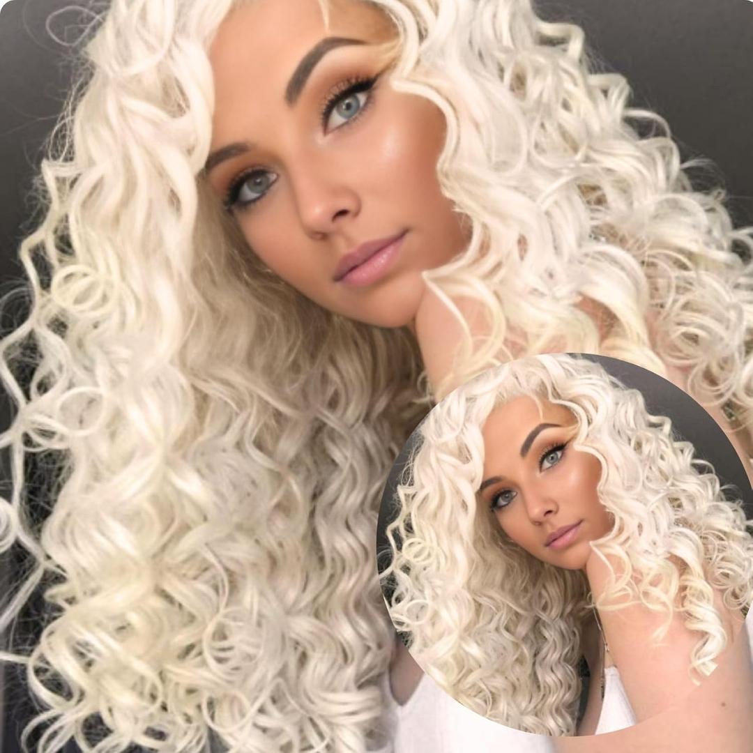 Fencca Platinum Blonde Long Curly Wigs for Women Heat Synthetic Wave Curly Wig Free Part Full Curly Hair Wigs for Daily Party Use