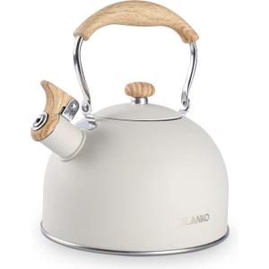 Tea Kettle, BELANKO 85 OZ / 2.5 Liter Whistling Tea Kettle Pots for Stove Top Food Grade Stainless Steel with Wood Pattern Folding Handle, Loud Whistle for Tea, Coffee, Milk - Milk White