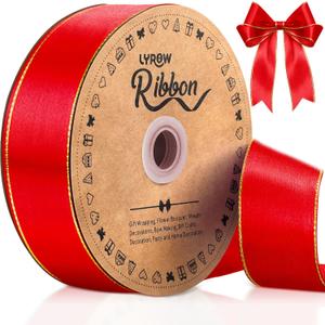 Lyrow 100 Yards Red Satin Ribbon with Gold Edges Valentine's Day Decor 1.5 Inch Gold Border Fabric Ribbons Ribbon for Gift Wrapping for DIY Crafts Wedding Shower Corsage Bible Decoration Bows Bouquet