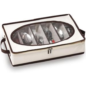 Hiceeden Silverware Organizer with Zipper Lid, 16.5"10.6"3.5" Flatware Storage Box with Adjustable Dividers and Handles, Portable Cutlery Holder Utensil Case for Spoon, Fork, Knife, 6 Compartment