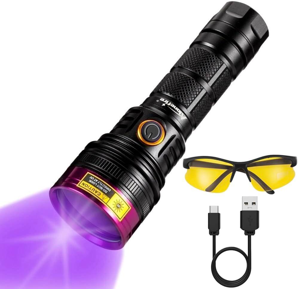 ALONEFIRE SV18 12W 365nm UV Flashlight Powerful USB C Rechargeable Woods Lamp Black Light for Pet Urine Detection, Resin Curing, Minerals, Fishing,Scorpion, Bed Bug with UV Protective Glasses,Battery