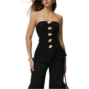 Floerns Women's Strapless Metal Button Front Tube Top (Black, L)