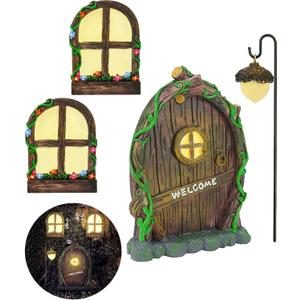 Resin Fairy Door & Window Set with Glow in The Dark Windows, Miniature Sculpture for Trees, Outdoor Decor Accessories Resin Fairy Door & Window Set with Glow in The Dark Windows, Miniature Sculpture for Trees, Outdoor Decor Accessories