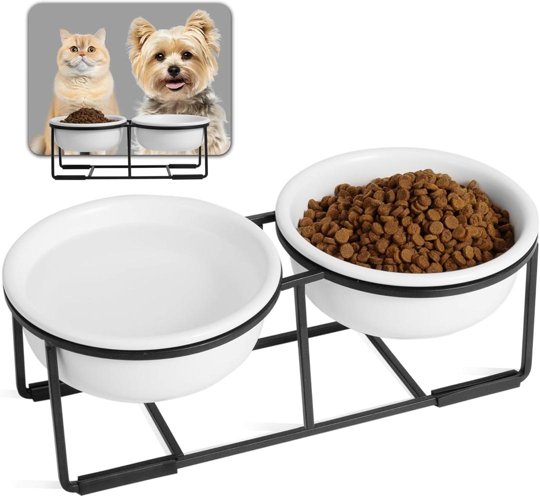 Ceramic Elevated Dog Bowl Set - Double Dog Food and Water Bowls with Metal Stand - Raised Pet Dishes for Puppies and Cats - 1 Cup - 13.5 fl oz - Matte White
