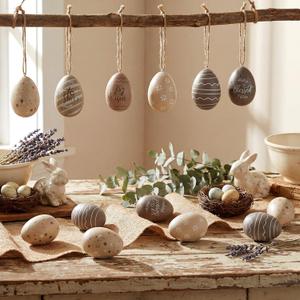 Canlierr 36 Pcs Easter Egg Ornaments for Tree 2.4" Plastic Neutral Hanging Decoration Rustic Beige Brown Stripe Eggs Mini Retro Pendant Decor for Spring Basket Holiday Plate Vase Filling Supplies