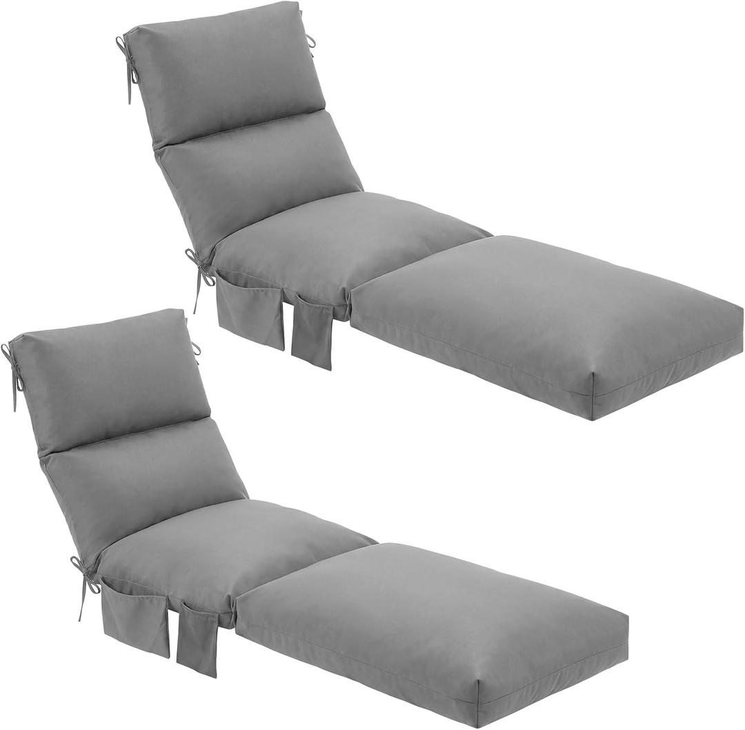 Kigley 2 Pcs Chaise Lounge Cushions, 78 x 22 x 4.7 Inch Outdoor Lounge Chair Cushions with Pocket, Thick Tufted Patio Recliner Replacement with Ties, Fade Resistant for Pool Furniture (Light Gray)