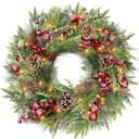 Timer-20 Inch Flocked Christmas Wreaths for Front Door, Lighted Christmas Wreath with 30 LED Warm White Lights, Real Touch Cedar Wreath Cypress Pinecone Red Berry Xmas Wreath Decor Home Outdoor Indoor