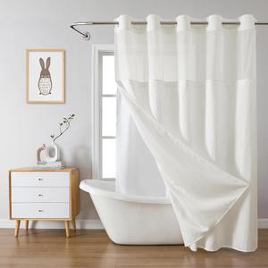 eachope Cream Long No Hook Waffle Weave Shower Curtain with snap-in Liner Replacement, 230GSM Waterproof Fabric Hotel Shower Curtain Set for Bathroom, Through Mesh Top Window,71Wx80H