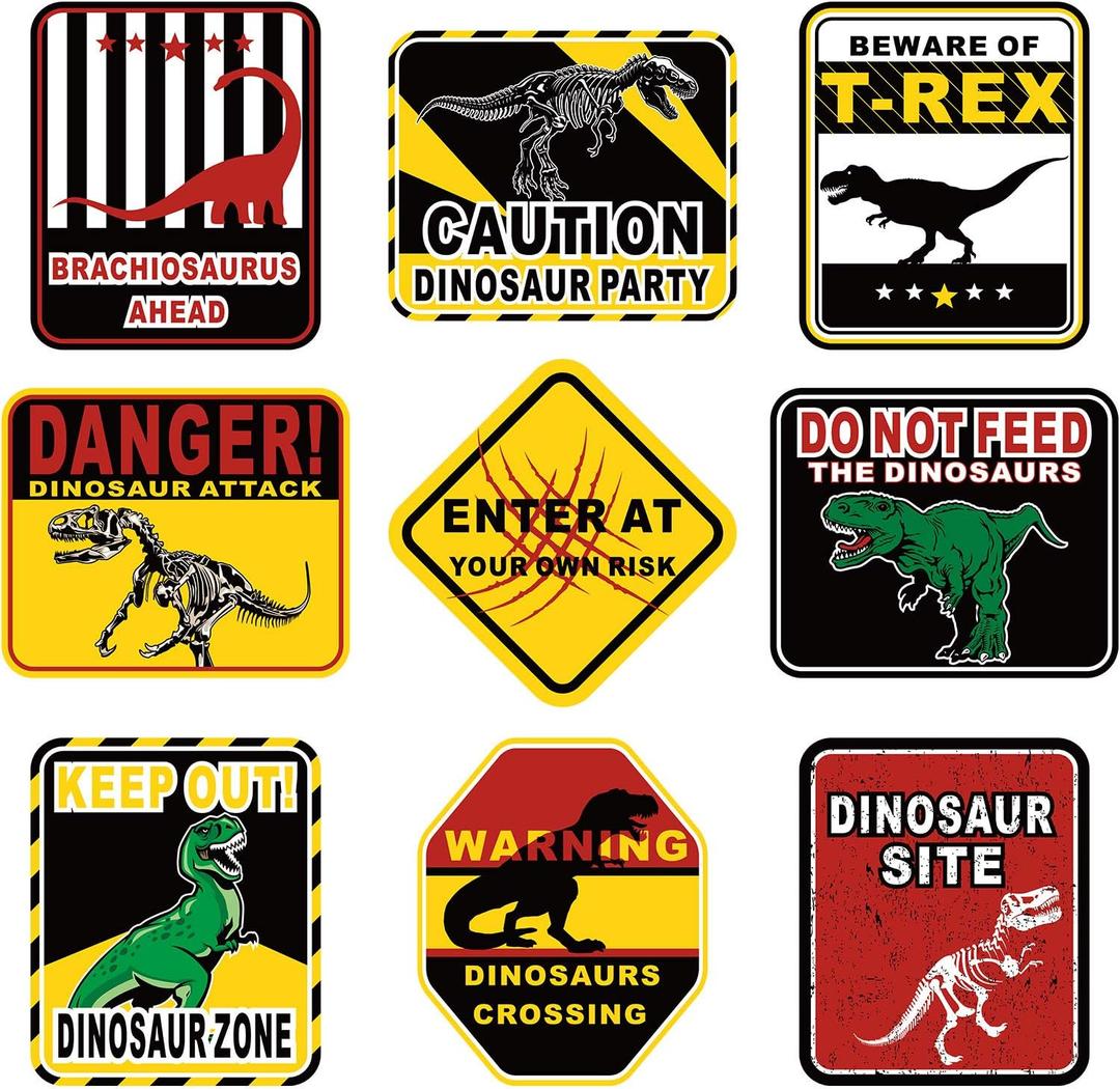 Blulu 9 Pcs Dinosaur Birthday Decoration Jurassic Paper Signs Jurassic Theme Decor Party Favors Beware of Dinosaur Crossing Sign Wall Poster for Kids Birthday Halloween Props