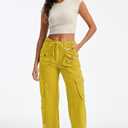 Cargo Pants for Women Low Rise Drawstring Waist 7 Pockets Hiking Work Wide Leg Pants with Zipper Button Closure (Small)