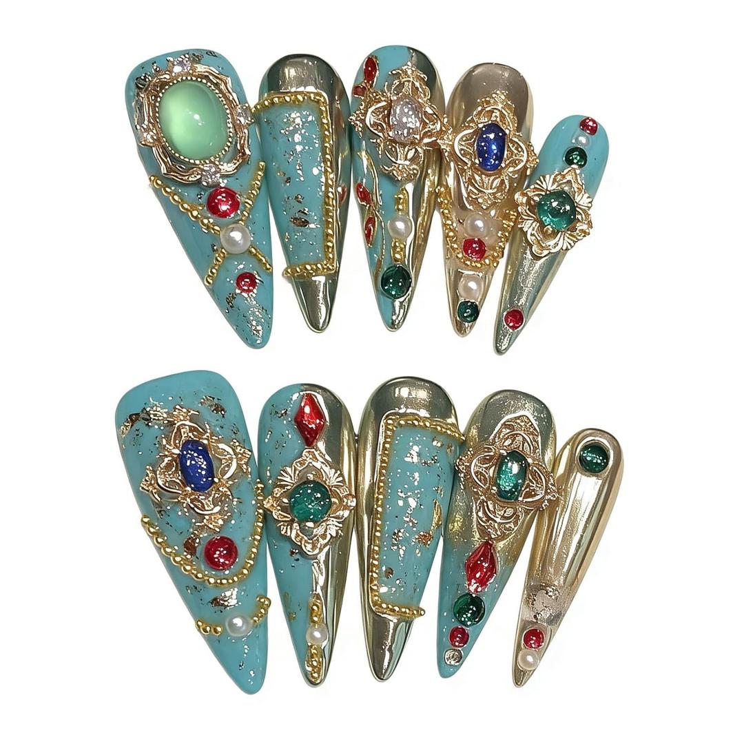 Handmade Press on Nails Stiletto Royal Style Luxurious Colored Gemstones with Full Diamond and Heavily Crafted Design Handmade Stiletto Press on Nails 3D Luxury Press on Nails(S)
