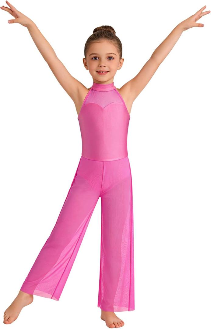 Girls Lyrical Ballet Dance Costume Contemporary Gymnastics Leotard Sleeveless Wide Leg Jumpsuit Unitard for Kids, Size: 11-12 Years